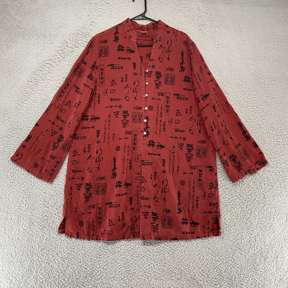 Tianello Y2K Top Womens Medium Willow Tunic Red Tencel Asian Script Print